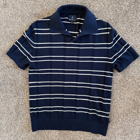 BEN SHERMAN Navy Blue and White Striped Short Sleeve Polo Sweater Small - Picture 2 of 11